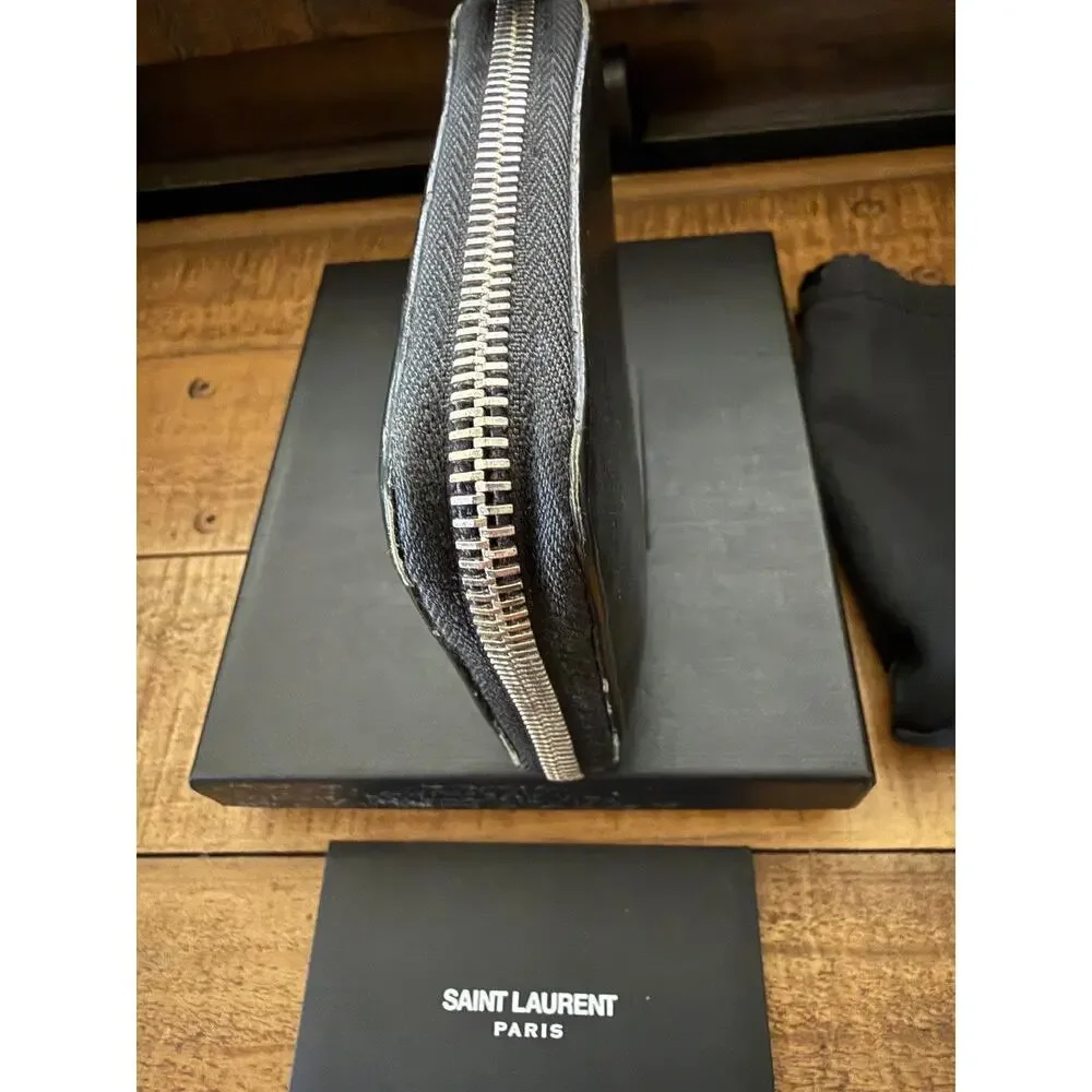 Saint Laurent Wallet Men's Black Leather Zip Around Bifold Coin Pocket W/Box